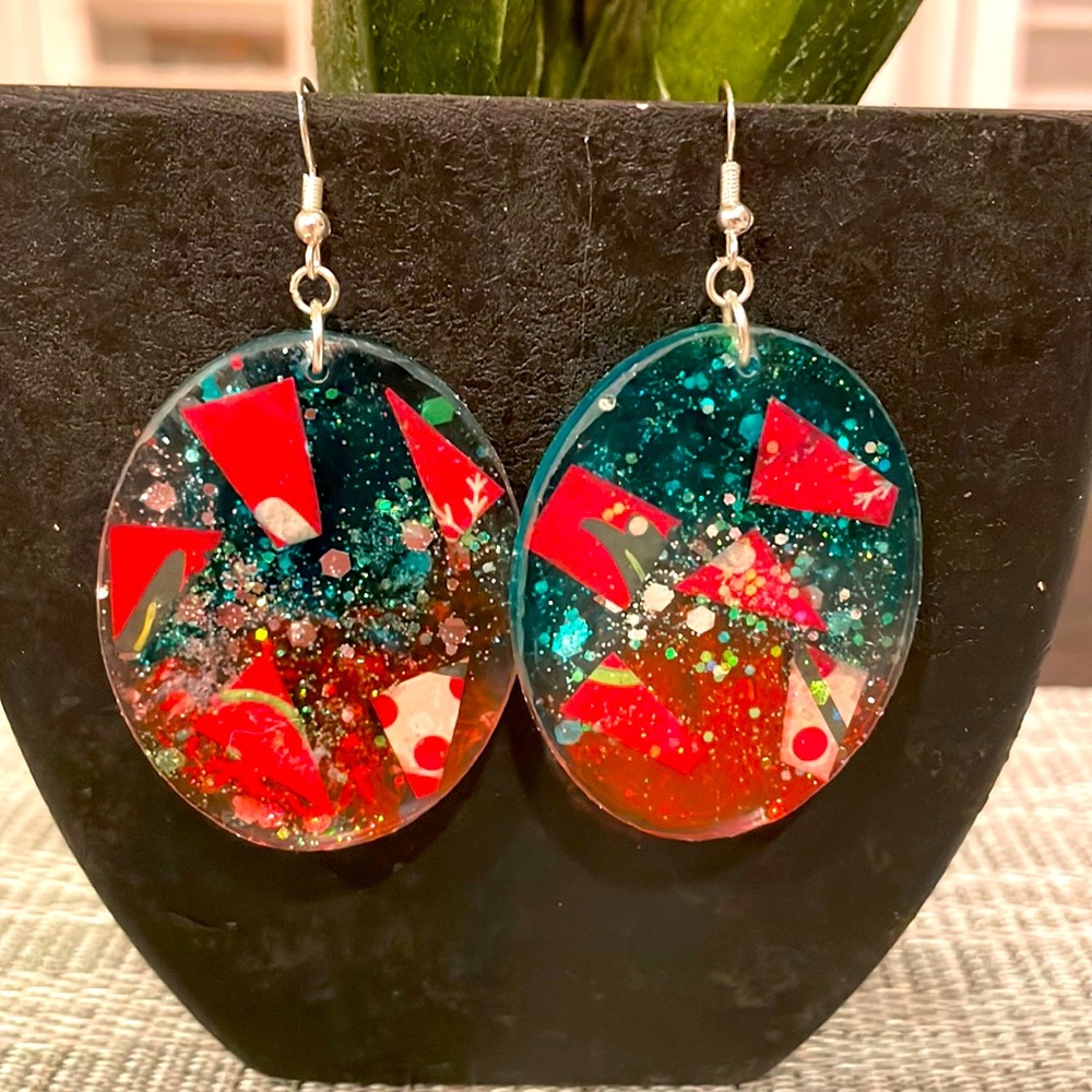 XMAS Festive Handmade Large Holiday Earrings Green and Red Oval